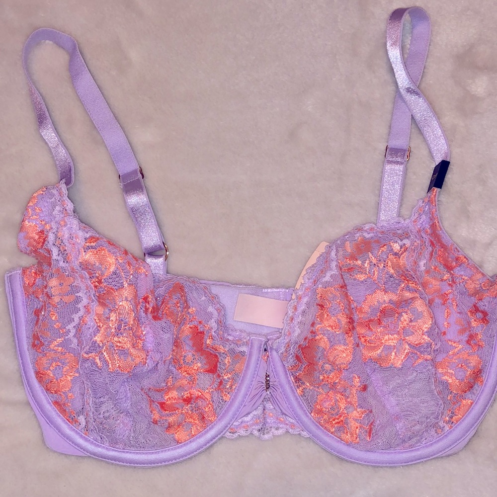 NWT Victoria’s Secret Unlined Demi Purple Lavender Peach Floral Lace Bra - 32DD